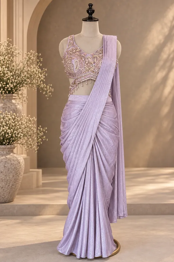Lavender_Lycra_Embellished_Pre-Draped_Saree_Set_For_Women
