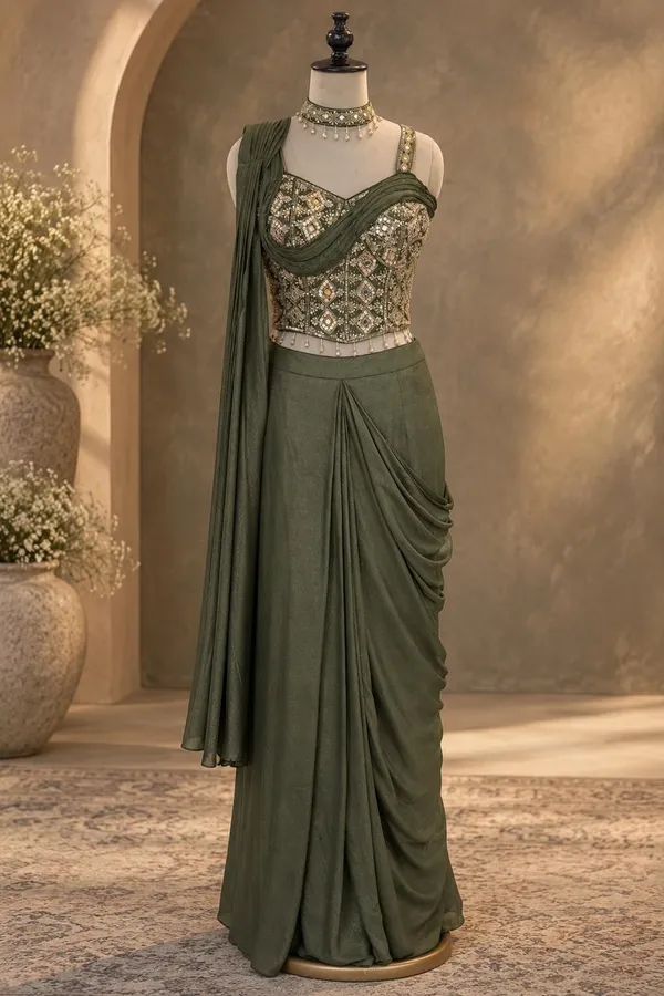 Olive_Green_Shimmer_Georgette_Embellished_Saree_For_Women