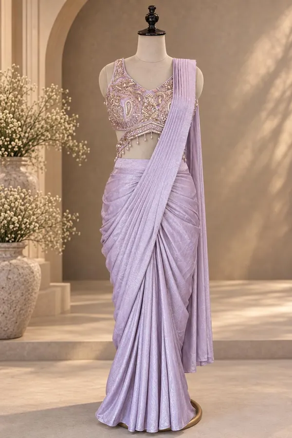Lavender_Lycra_Embellished_Pre-Draped_Saree_Set_For_Women