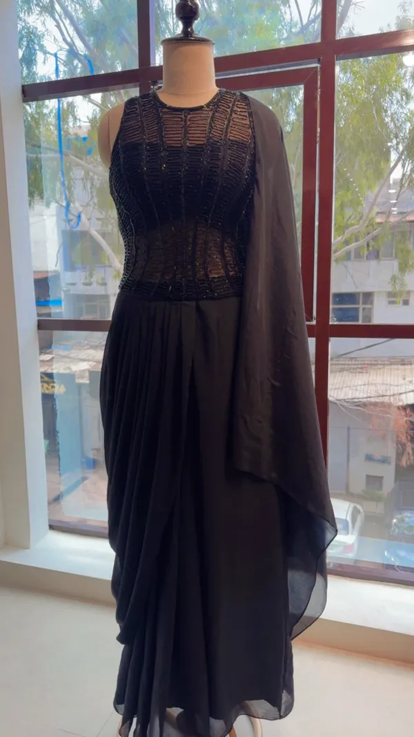 Black_Chinon_&_Net_Draped_Embellished_Saree_Gown_For_Women