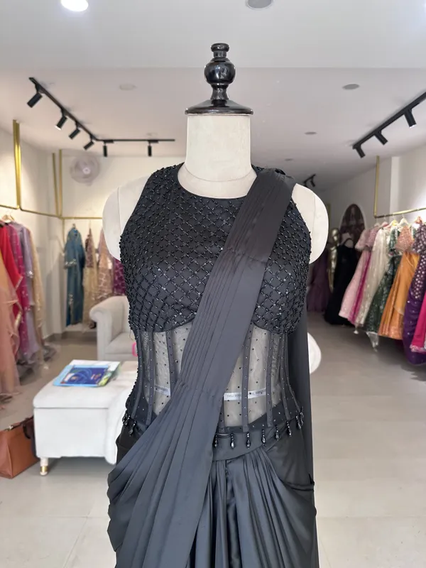 Black_Satin_Net_Embroidered_Halter_Corset_Draped_Saree_For_Women