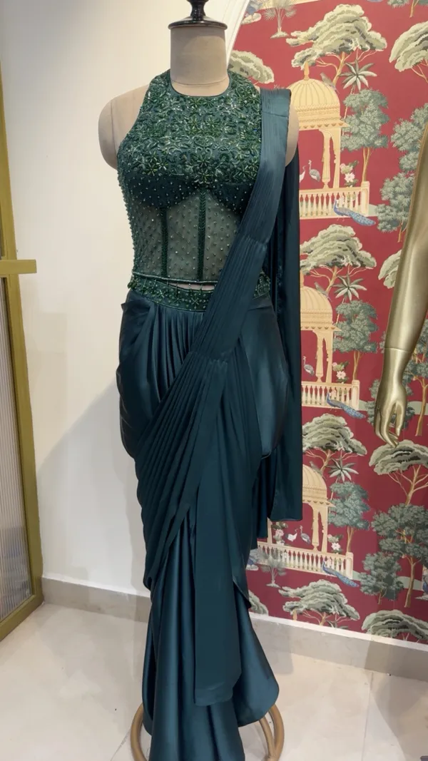 Teal_Satin_Embellished_Draped_Saree_For_Women