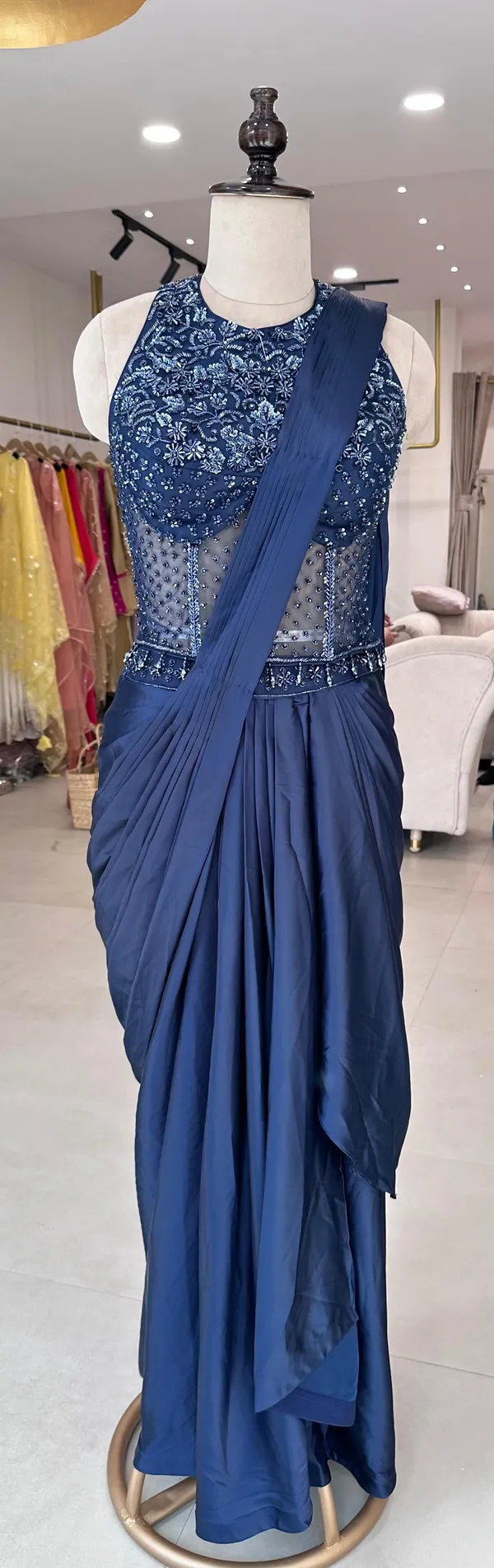 Blue_Armani_Satin_&_Net_Draped_Embroidered_Gown_For_Women