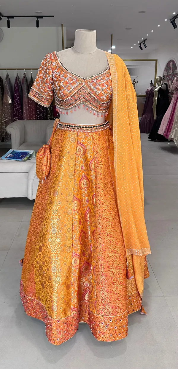 Orange_Banarasi_Brocade_Embroidered_Lehenga_Choli_Set_For_Women