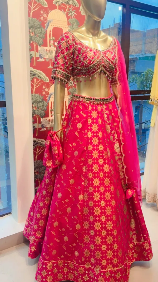 Pink_Banarasi_Brocade_Flared_Embroidered_Lehenga_Choli_Set_For_Women
