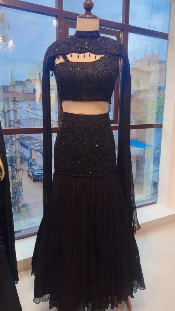 Black_Georgette_Embroidered_Cape_Lehenga_Choli_For_Women