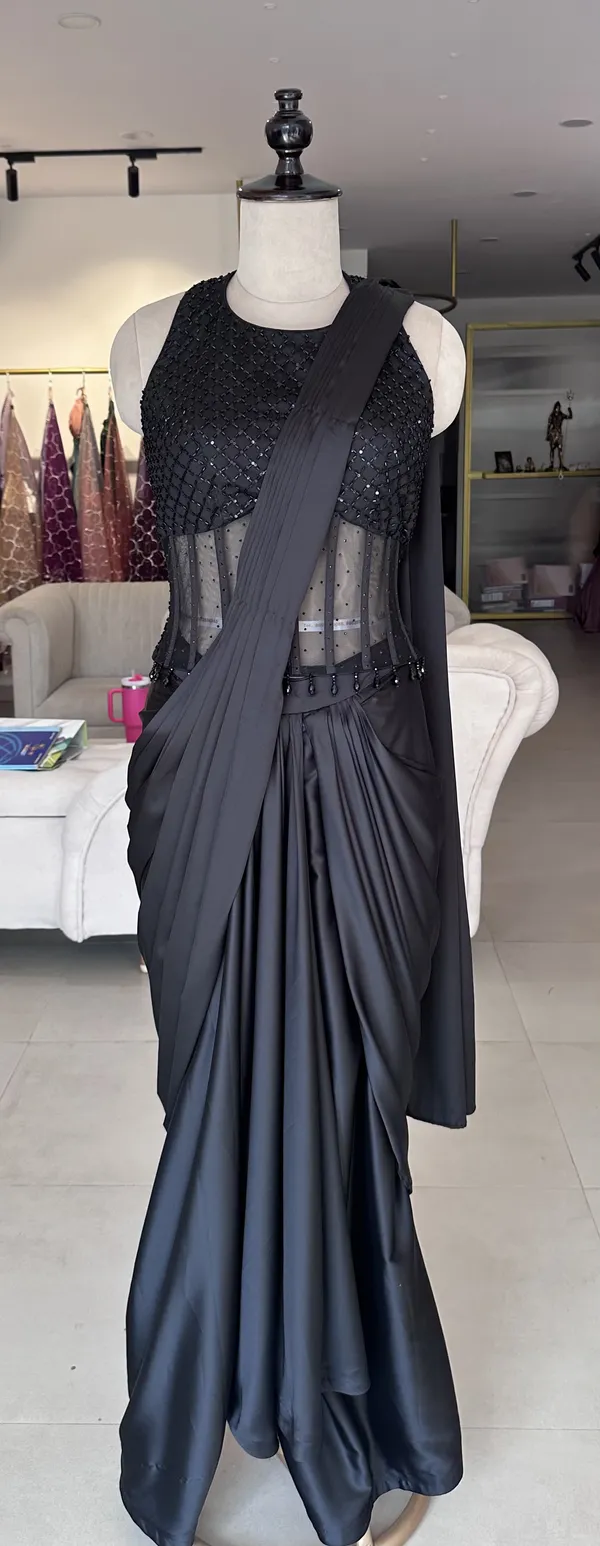 Black_Satin_Net_Embroidered_Halter_Corset_Draped_Saree_For_Women