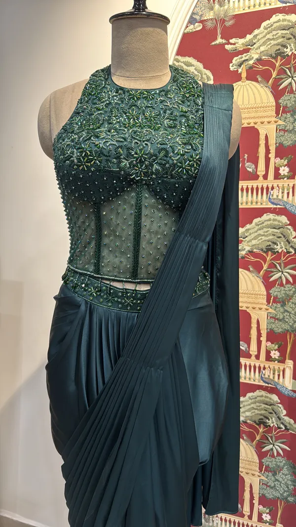 Teal_Satin_Embellished_Draped_Saree_For_Women