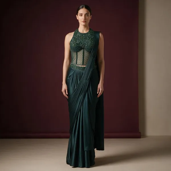 Teal_Satin_Embellished_Draped_Saree_For_Women
