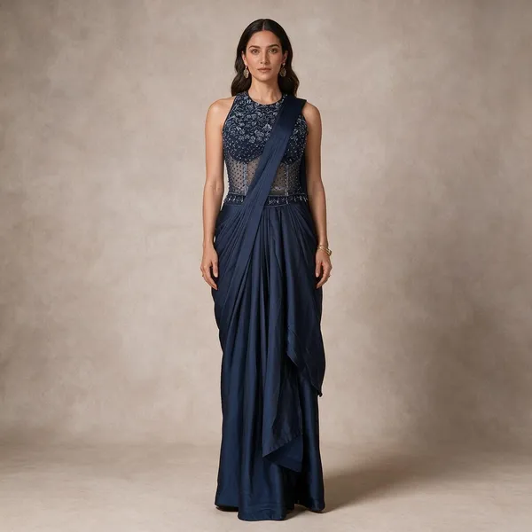 Blue_Armani_Satin_&_Net_Draped_Embroidered_Gown_For_Women