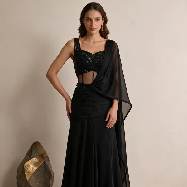 Black_Chinon_&_Net_Draped_Sequin_Saree_Gown_For_Women