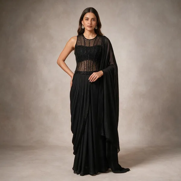 Black_Chinon_&_Net_Draped_Embellished_Saree_Gown_For_Women
