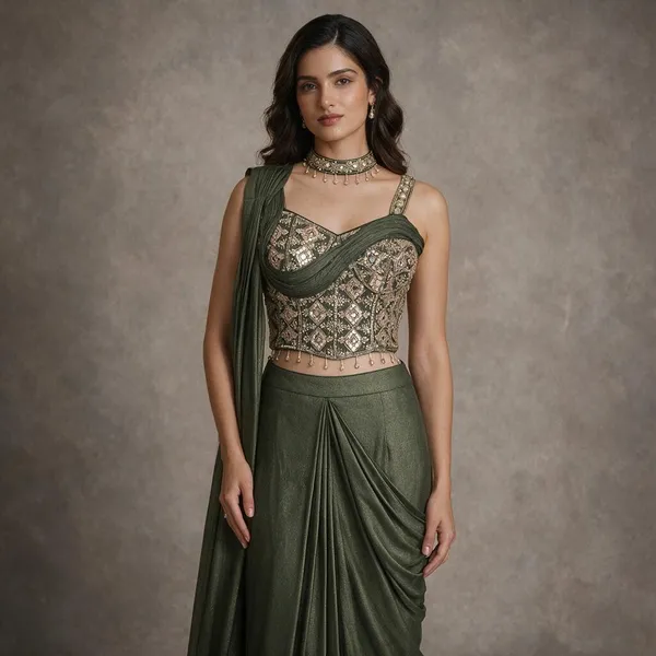 Olive_Green_Shimmer_Georgette_Embellished_Saree_For_Women