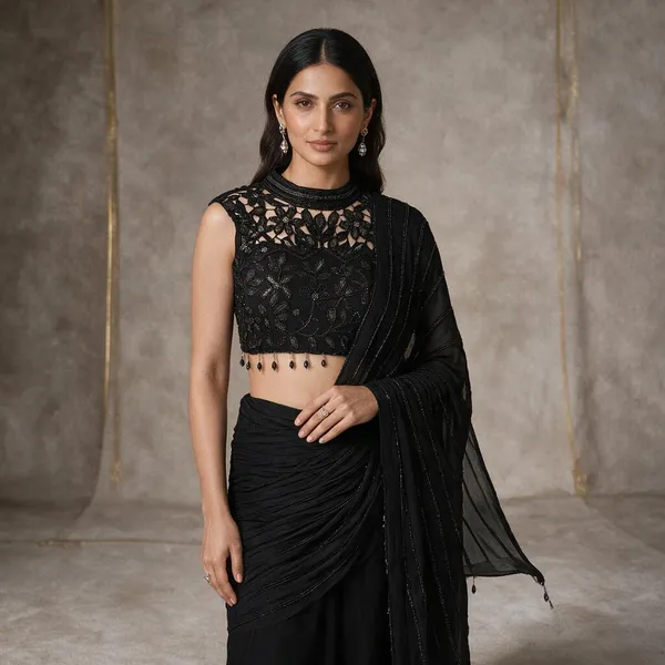 Black_Chinon_Embellished_Pre-Draped_Saree_Set_For_Women