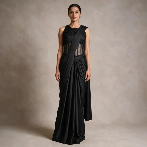 Black_Satin_Net_Embroidered_Halter_Corset_Draped_Saree_For_Women