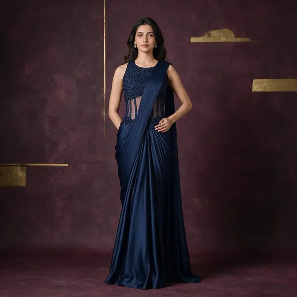 Navy_Blue_Satin_Embroidered_Pre-Draped_Saree_For_Women