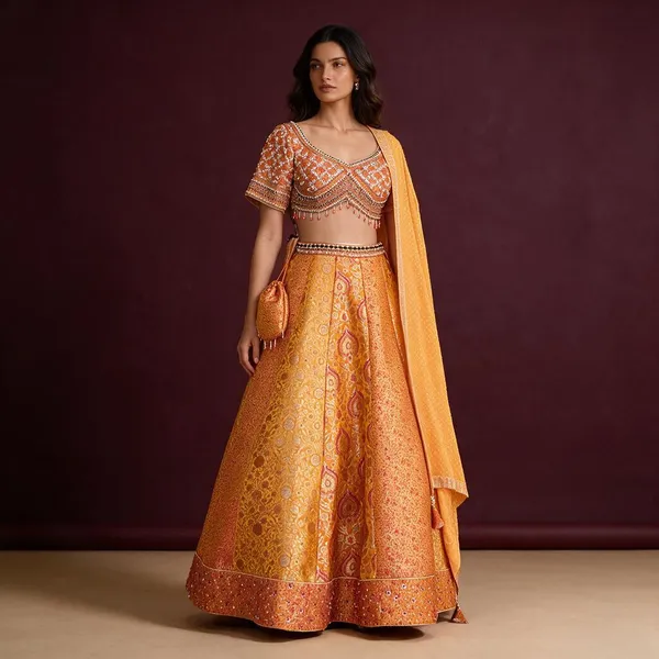 Orange_Banarasi_Brocade_Embroidered_Lehenga_Choli_Set_For_Women