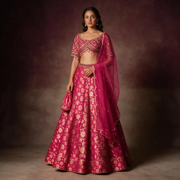 Pink_Banarasi_Brocade_Flared_Embroidered_Lehenga_Choli_Set_For_Women