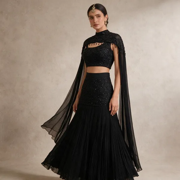 Black_Georgette_Embroidered_Cape_Lehenga_Choli_For_Women