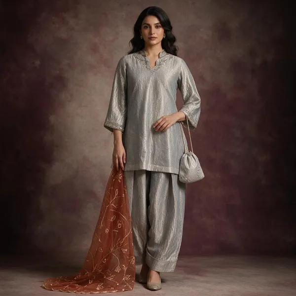 Silver_Crushed_Tissue_Straight_Kurta_Set_For_Women