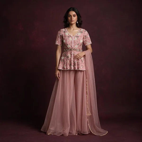Pink_Silk_Organza_Embroidered_Peplum_Skirt_Set_For_Women
