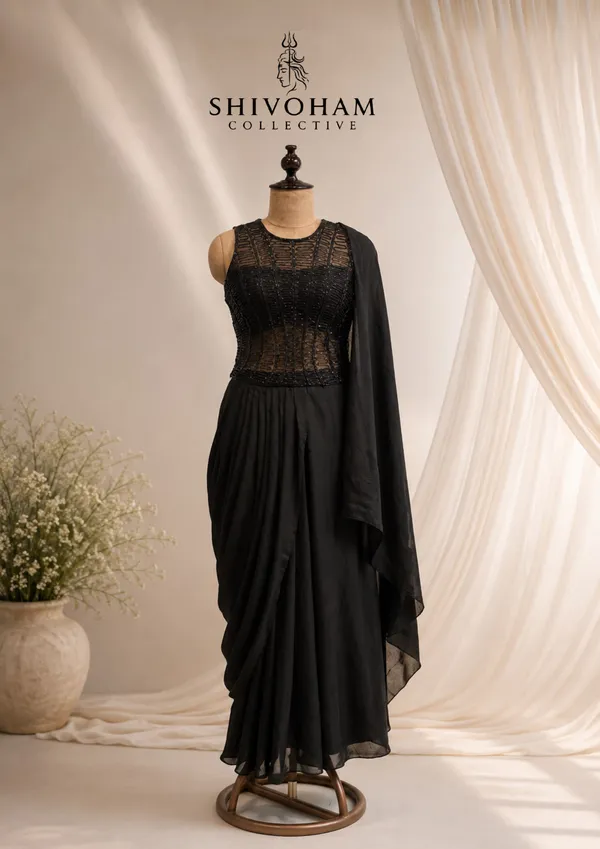 Black_Chinon_&_Net_Draped_Embellished_Saree_Gown_For_Women