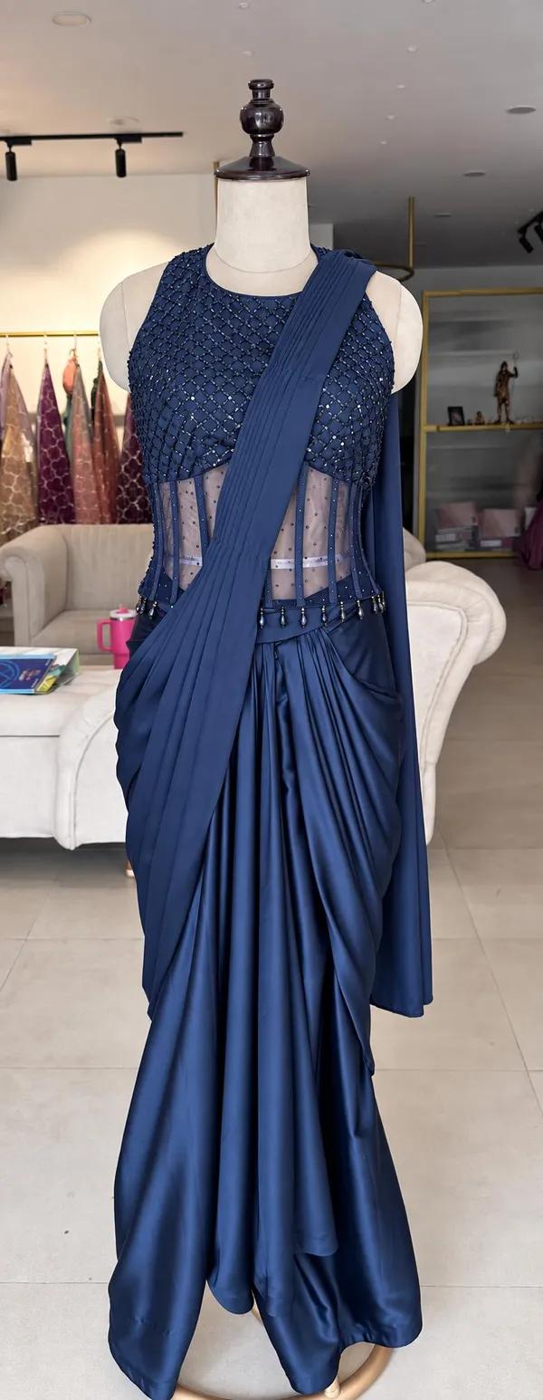 Navy_Blue_Satin_Embroidered_Pre-Draped_Saree_For_Women