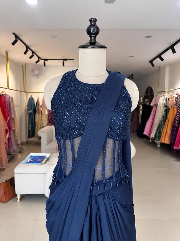 Navy_Blue_Satin_Embroidered_Pre-Draped_Saree_For_Women