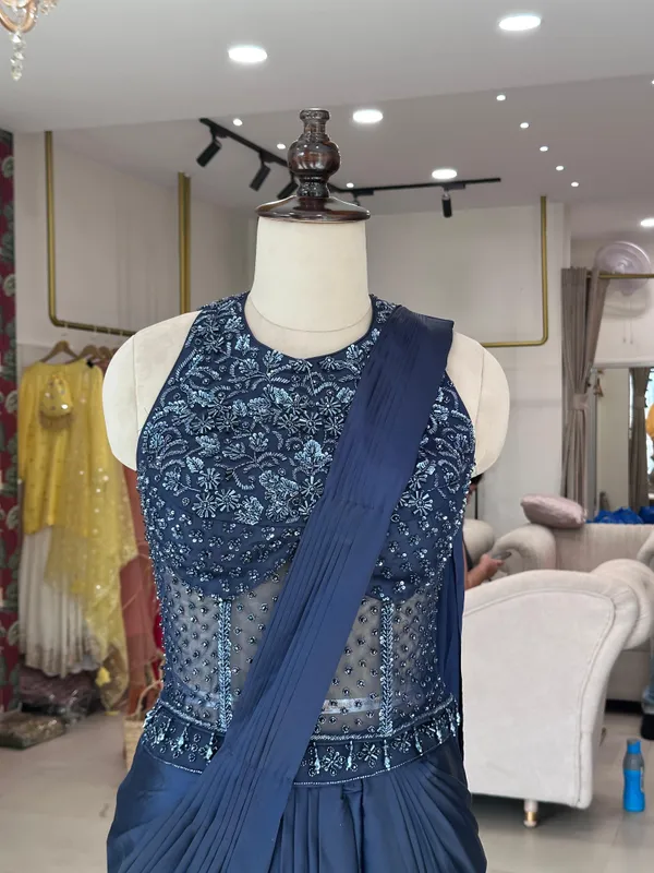 Blue_Armani_Satin_&_Net_Draped_Embroidered_Gown_For_Women