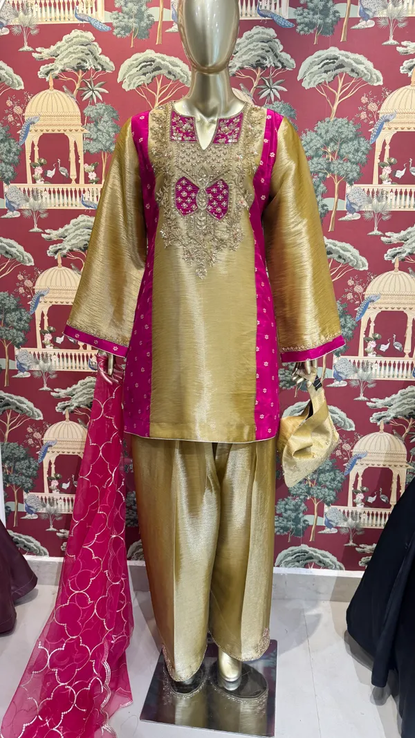 Gold_Tissue_&_Silk_Embroidered_Straight_Kurta_Set_For_Women