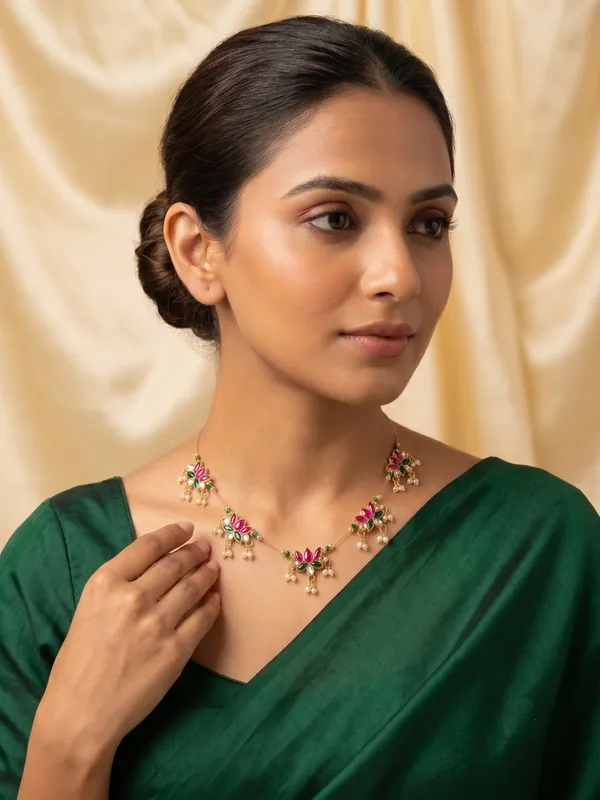Gold-Toned_Pink_Green_Floral_Necklace_For_Women