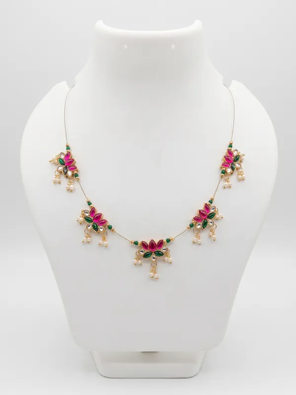Gold-Toned_Pink_Green_Floral_Necklace_For_Women