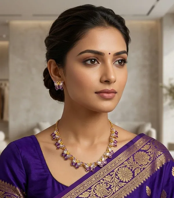 Gold-Tone_Purple_Butterfly_Necklace_And_Earrings_Set
