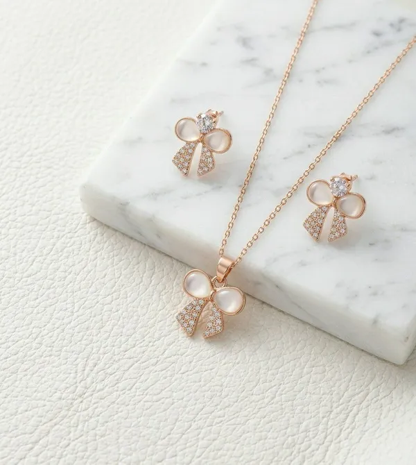Rose_Gold_Bow_Pendant_Necklace_And_Earrings_Set_for_Women
