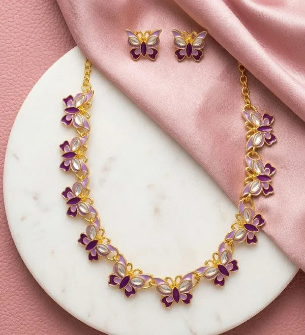 Gold-Tone_Purple_Butterfly_Necklace_And_Earrings_Set