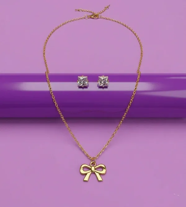 Gold_Tone_Bow_Necklace_And_Stud_Earrings_Set_For_Women