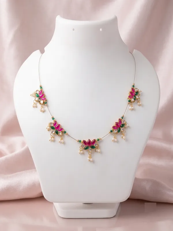 Gold-Toned_Pink_Green_Floral_Necklace_For_Women