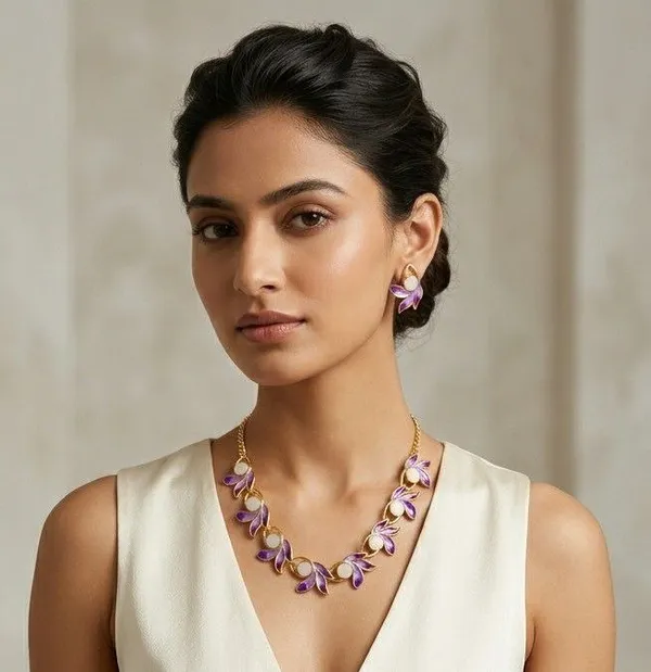 Purple_Gold_Tone_Leaf_Necklace_And_Earrings_Set
