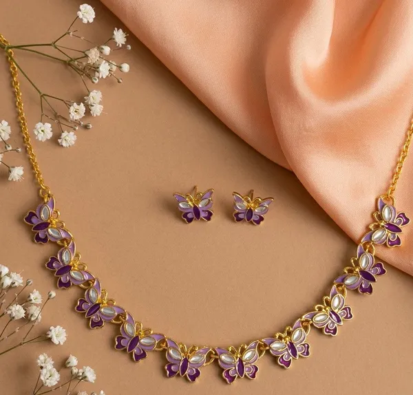 Gold-Tone_Purple_Butterfly_Necklace_And_Earrings_Set
