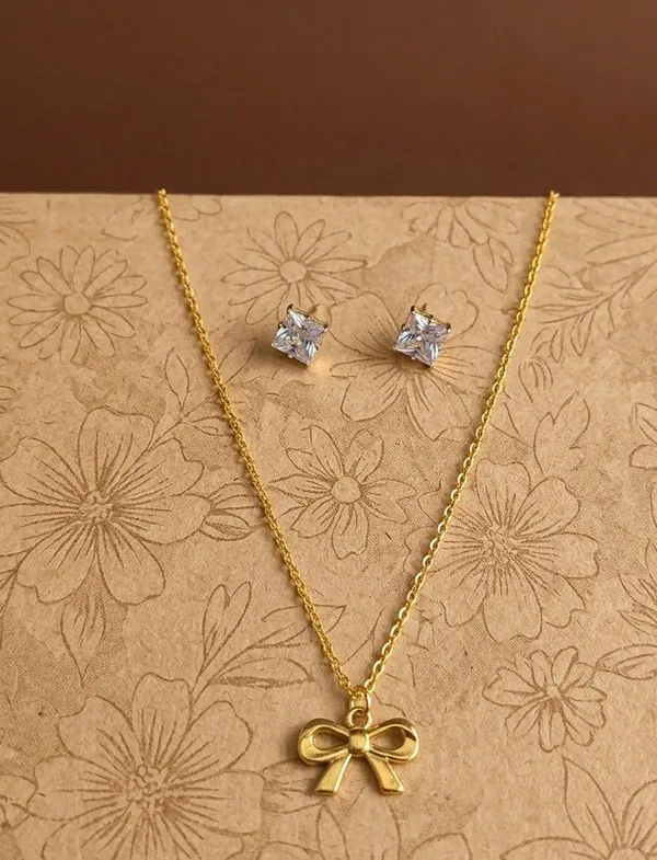 Gold_Tone_Bow_Necklace_And_Stud_Earrings_Set_For_Women