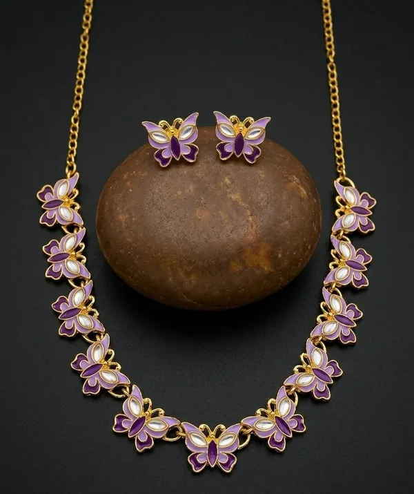 Gold-Tone_Purple_Butterfly_Necklace_And_Earrings_Set