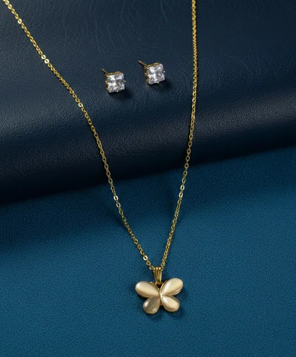 Gold_Tone_Butterfly_Pendant_Necklace_And_Stud_Earrings_Set