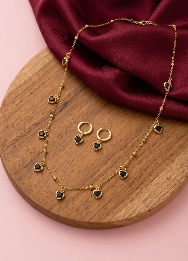 Gold_Tone_Heart_Charm_Necklace_And_Earrings_Set_for_Women