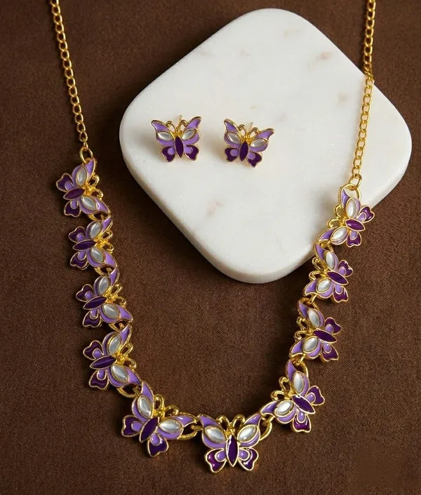 Gold-Tone_Purple_Butterfly_Necklace_And_Earrings_Set