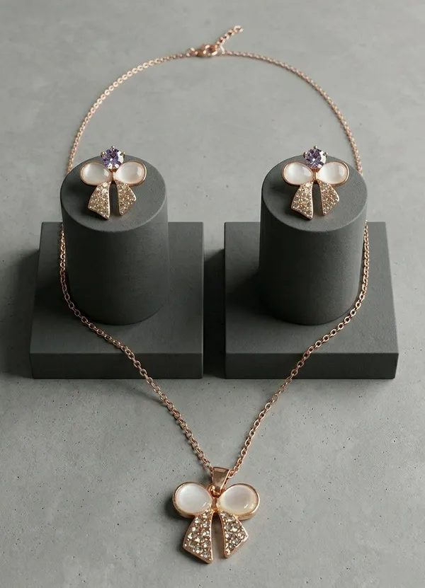 Rose_Gold_Bow_Pendant_Necklace_And_Earrings_Set_for_Women