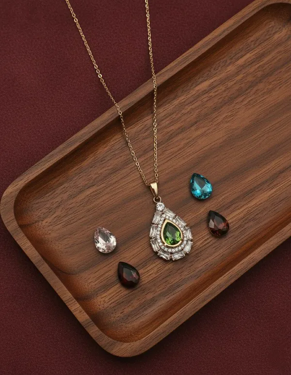 Gold_Tone_Interchangeable_Green_Stone_Pendant_Necklace_Set