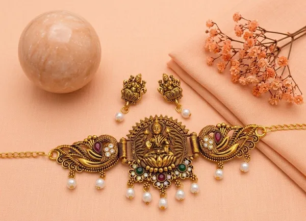 Gold_Tone_Lakshmi_Necklace_And_Earring_Set_for_Women