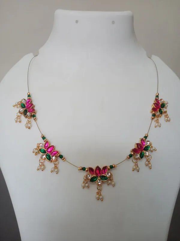 Gold-Toned_Pink_Green_Floral_Necklace_For_Women