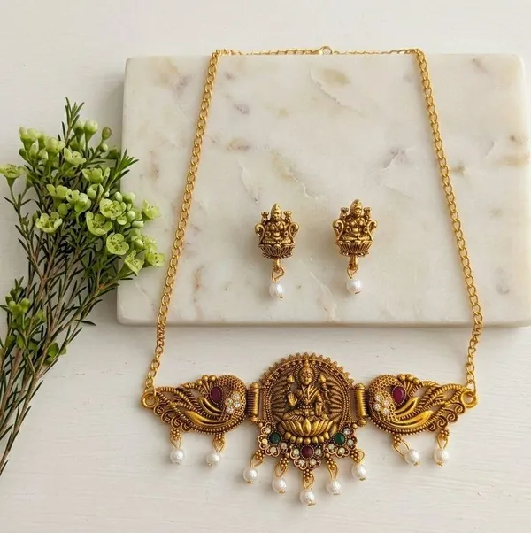 Gold_Tone_Lakshmi_Necklace_And_Earring_Set_for_Women