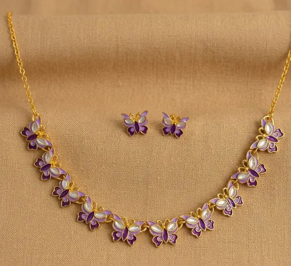 Gold-Tone_Purple_Butterfly_Necklace_And_Earrings_Set